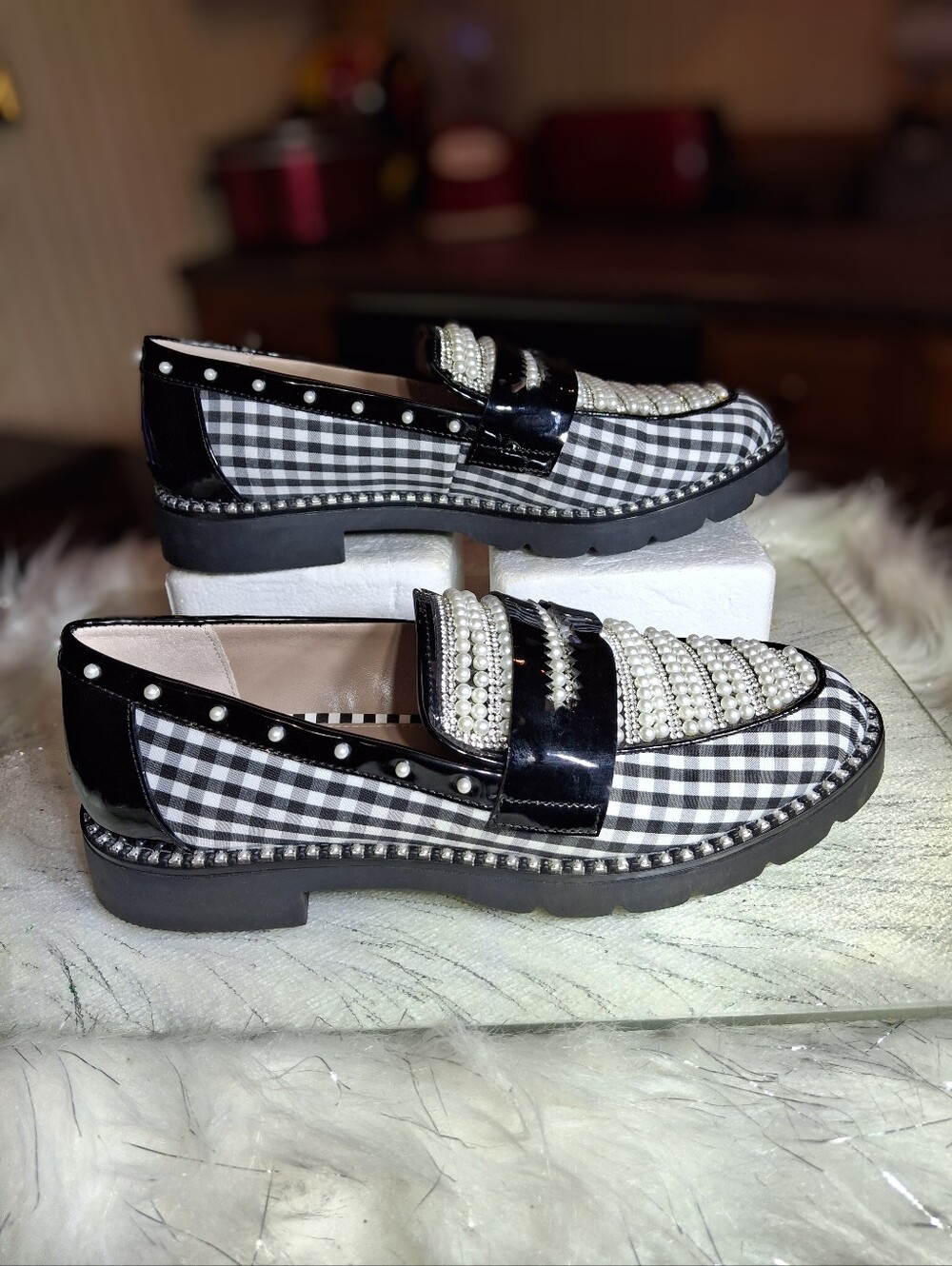 Betsey Johnson Darian Gingham Embellished Loafers Black & White Women Size 7 - Picture 8 of 16